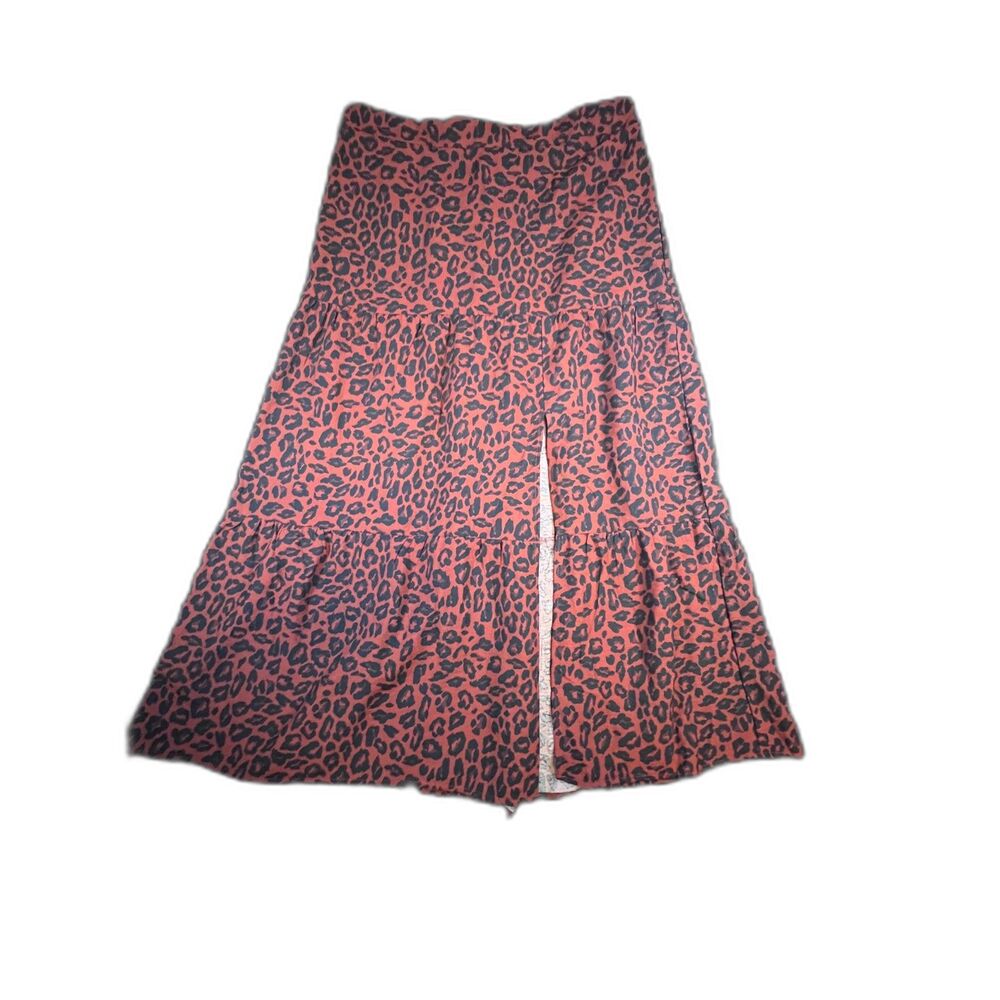 Nine West Rust Red Cheetah Animal Print Tiered Slit Midi Maxi Skirt Women's L